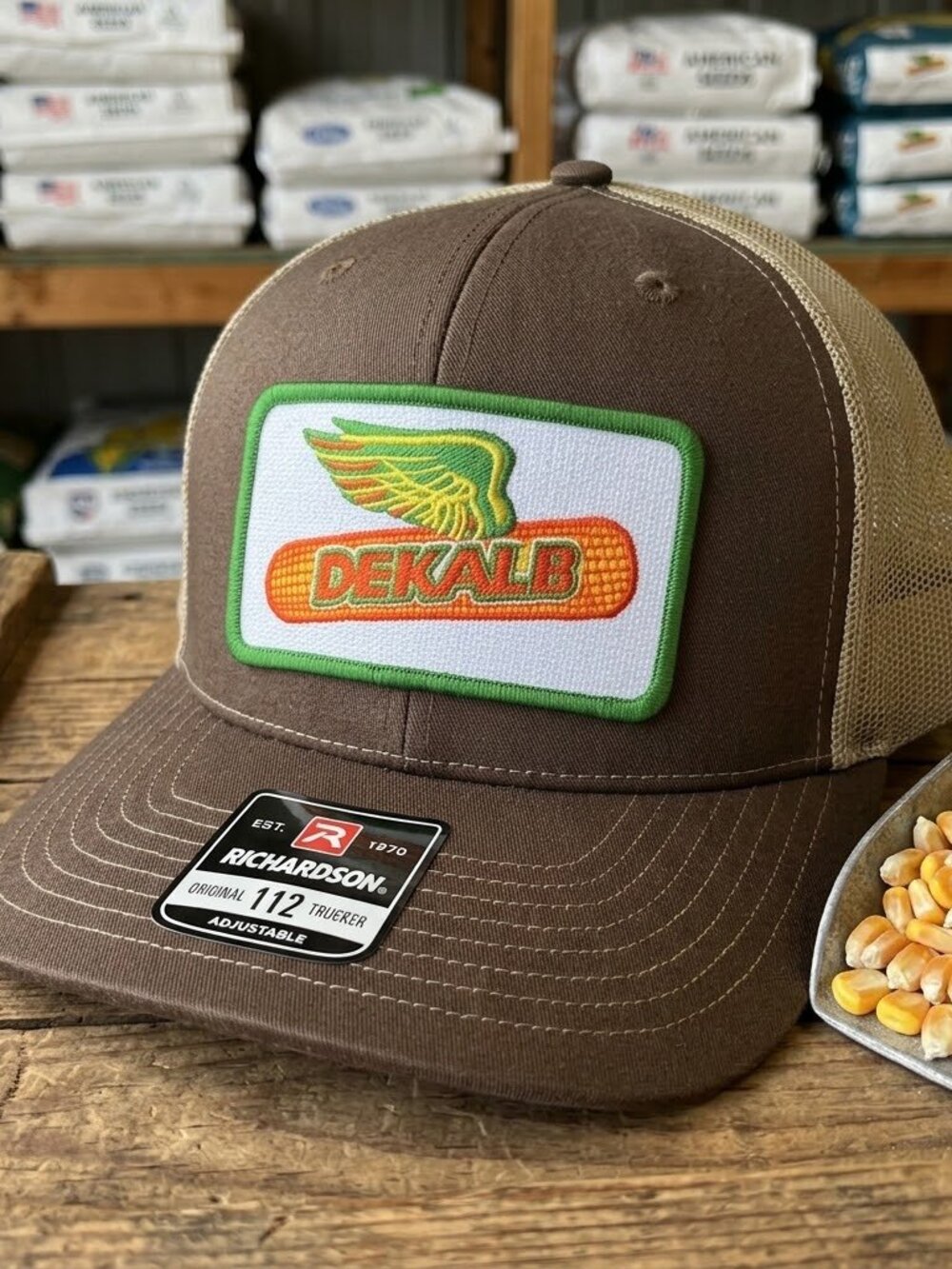 Retro DeKalb Seed Corn Hat Winged Ear Brown Tan Richardson 112 Snapback Cap USA